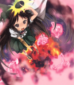 Utsuho and her spell card's fireballs, as seen in The Grimoire of Marisa.